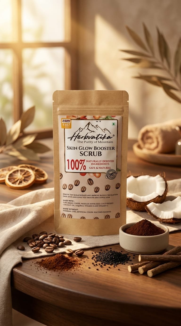 Herbvatika Skin Glow Booster Scrub | 100% Naturally Derived Ingredients | Deep Cleansing Face Scrub | Removes Tan & Blackheads | Coffee, Liquorice & Vitamin E | 100g - Image 2