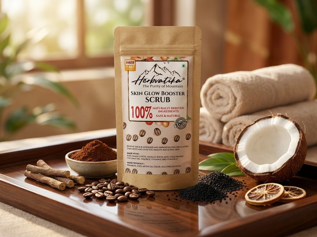 Herbvatika Skin Glow Booster Scrub | 100% Naturally Derived Ingredients | Deep Cleansing Face Scrub | Removes Tan & Blackheads | Coffee, Liquorice & Vitamin E | 100g