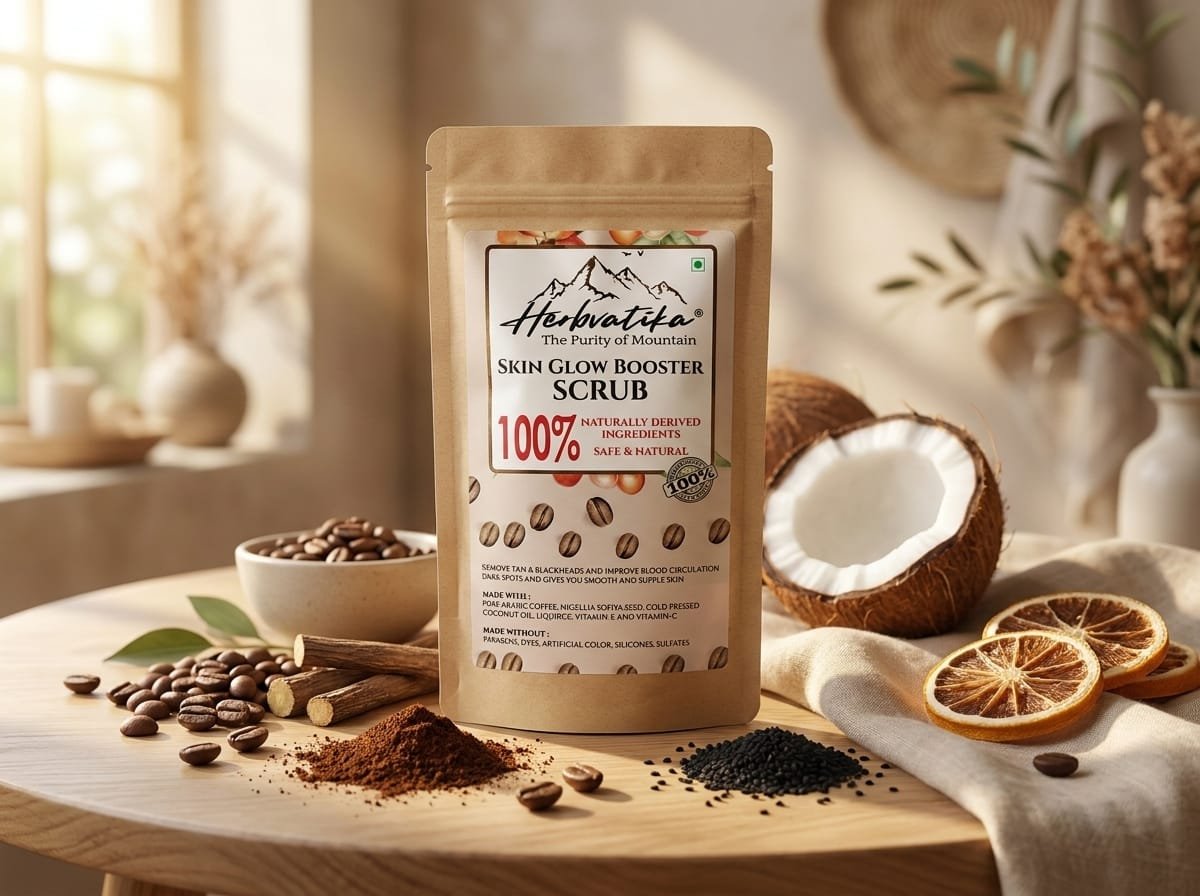 Herbvatika Skin Glow Booster Scrub | 100% Naturally Derived Ingredients | Deep Cleansing Face Scrub | Removes Tan & Blackheads | Coffee, Liquorice & Vitamin E | 100g - Image 5